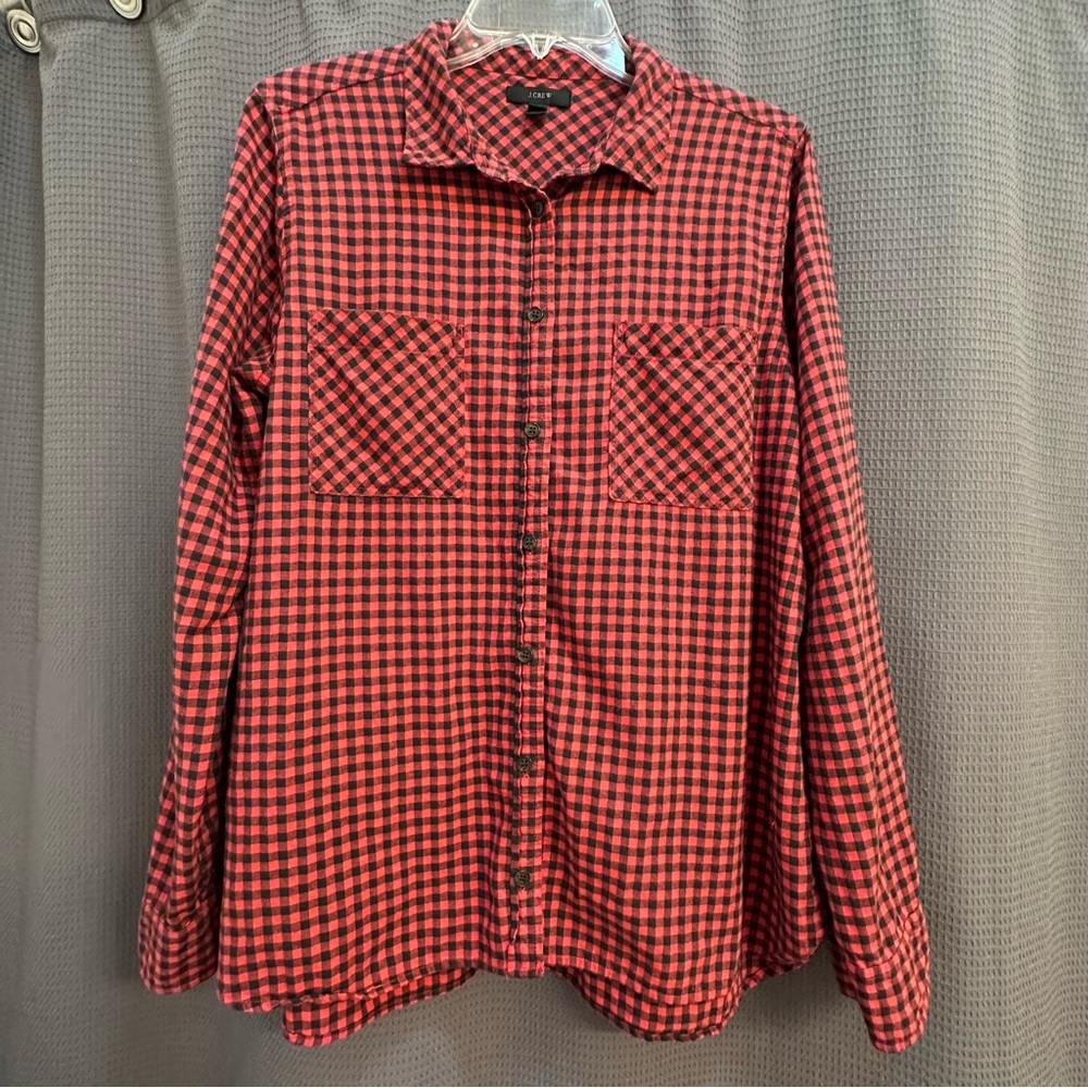 J. Crew Gingham Plaid Checkered Button Up Top Red Black Pockets Size 14